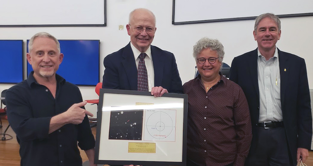 l-r: Drs. Stern, Pass, Sunshine, and Harris with Dr. Pass holding framed picture of asteroid named in his honor
