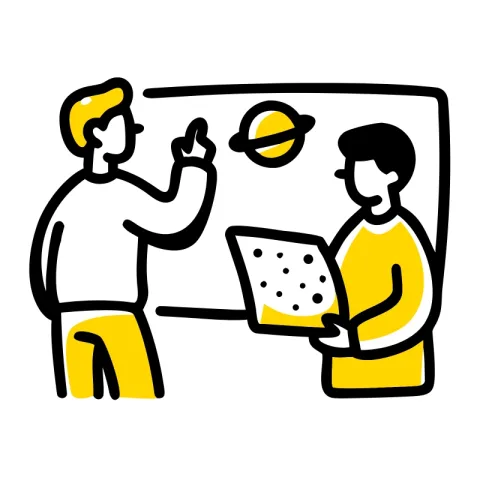 Drawing of two people at a board looking at a planet