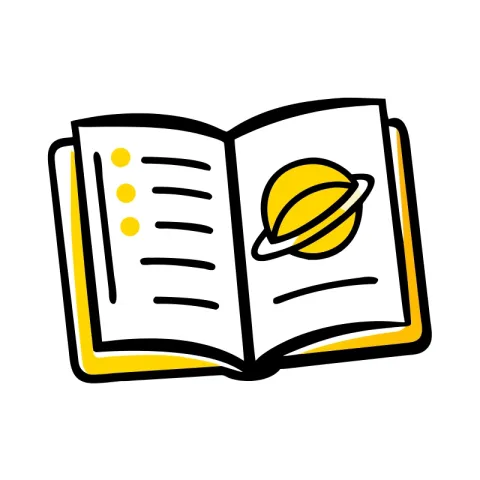 Drawing of a book with a planet on the page