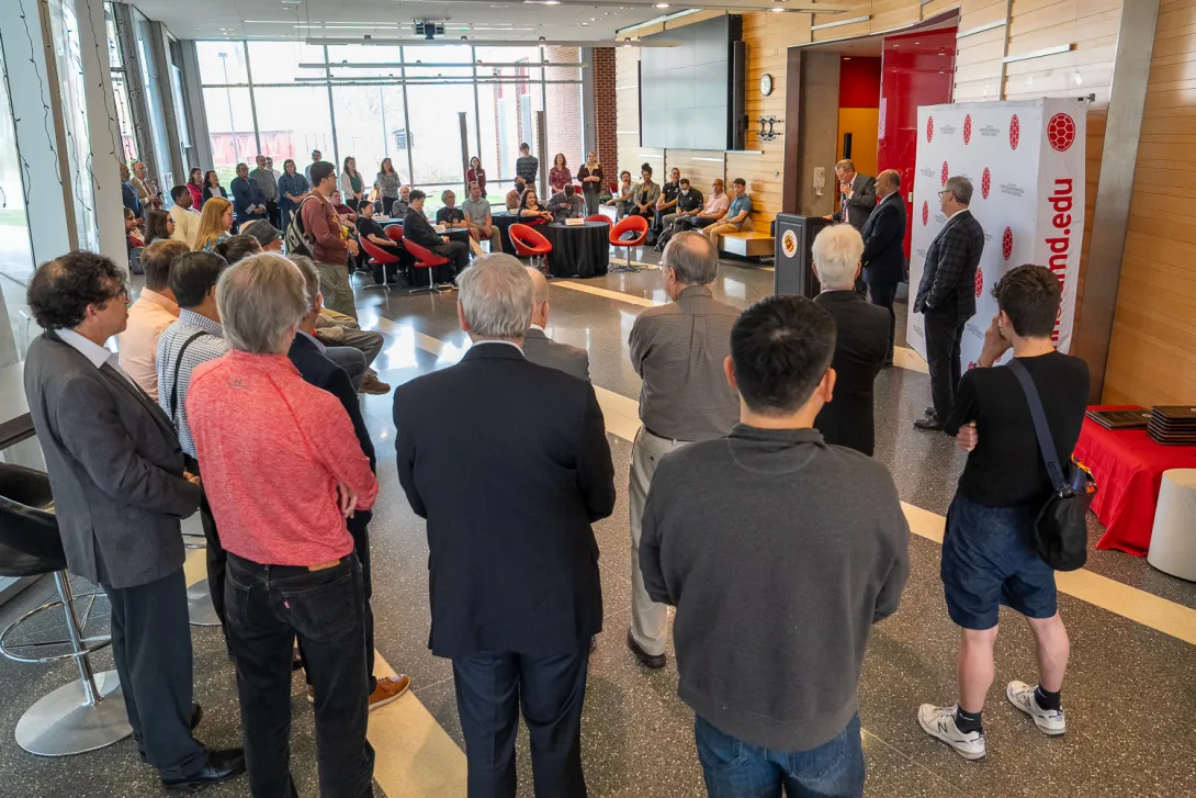 Physical Sciences Complex lobby full of people for the CMNS Employee Awards ceremony
