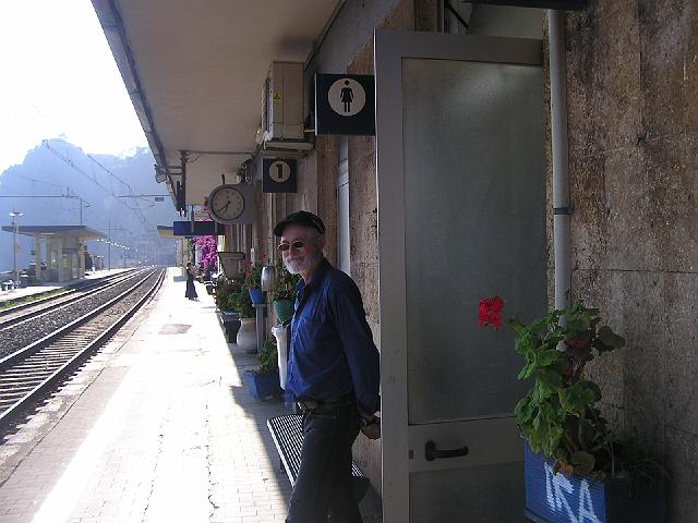P6181612.JPG - We chicken out of the trail and take the train to the next town, Corniglia. Brent avoids the long lines at the gentlemen restroom...